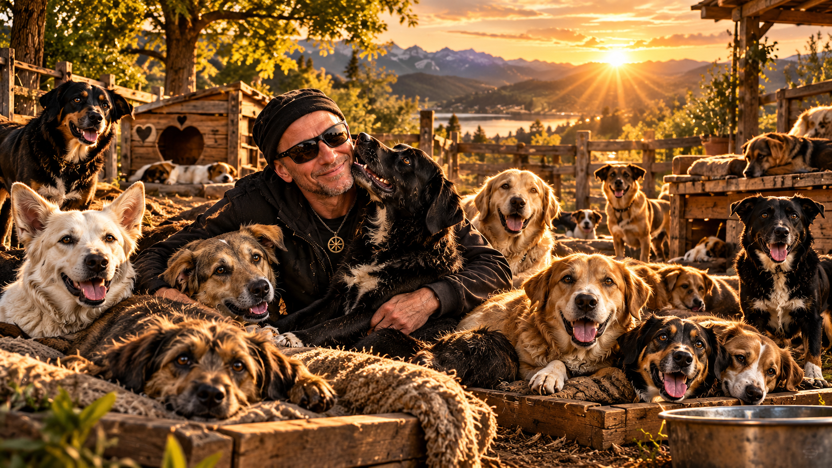 Silvano B. mit vielen Hunden in einer Notauffangstelle bei Sonnenuntergang